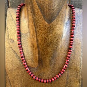 Sterling Silver Black Onyx W Red Coral Bead Necklace. 18 Inch